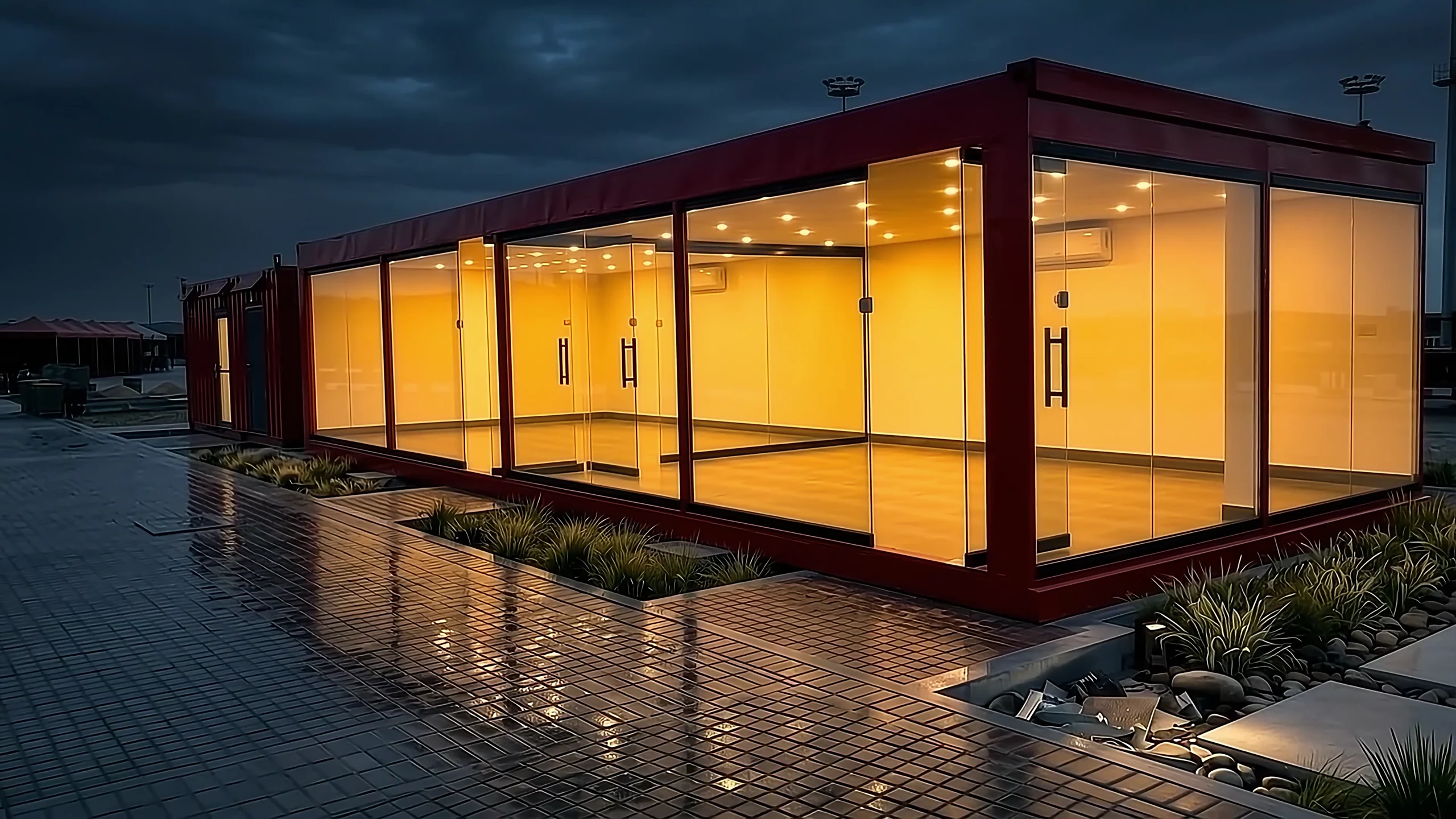 A red-framed glazed container building at dusk, lit inside, with people standing outside looking at it.