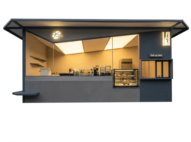 A dark grey container kiosk fitted out as a coffee bar with a lit counter and canopy.