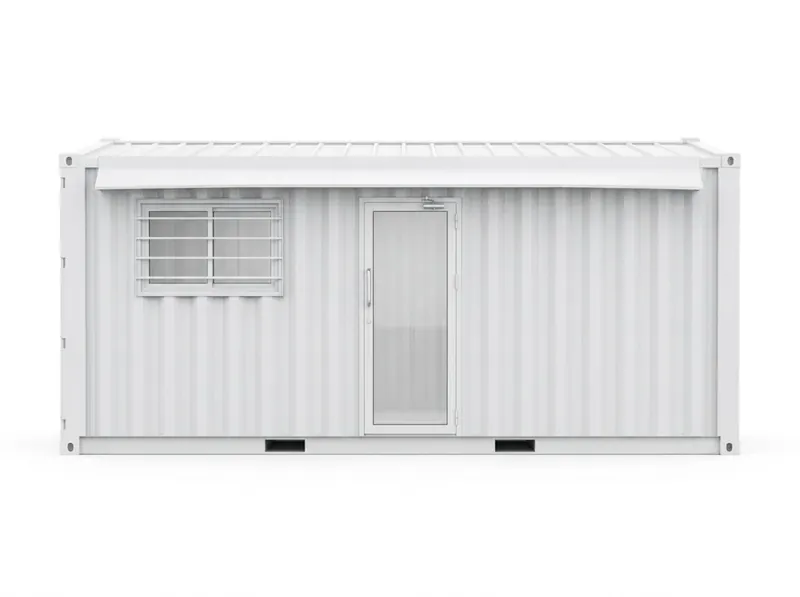 A white 20 ft container site office with a barred window, door and canopy.