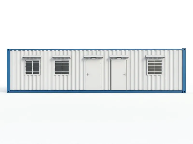 A white and blue 40 ft container office with five windows and two doors.