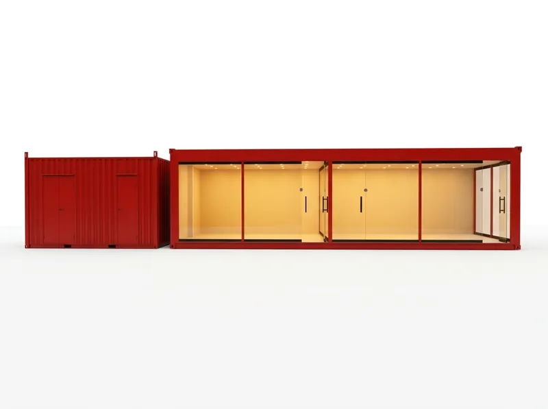 A red container sales office with a full-height glazed front and a separate storage unit.