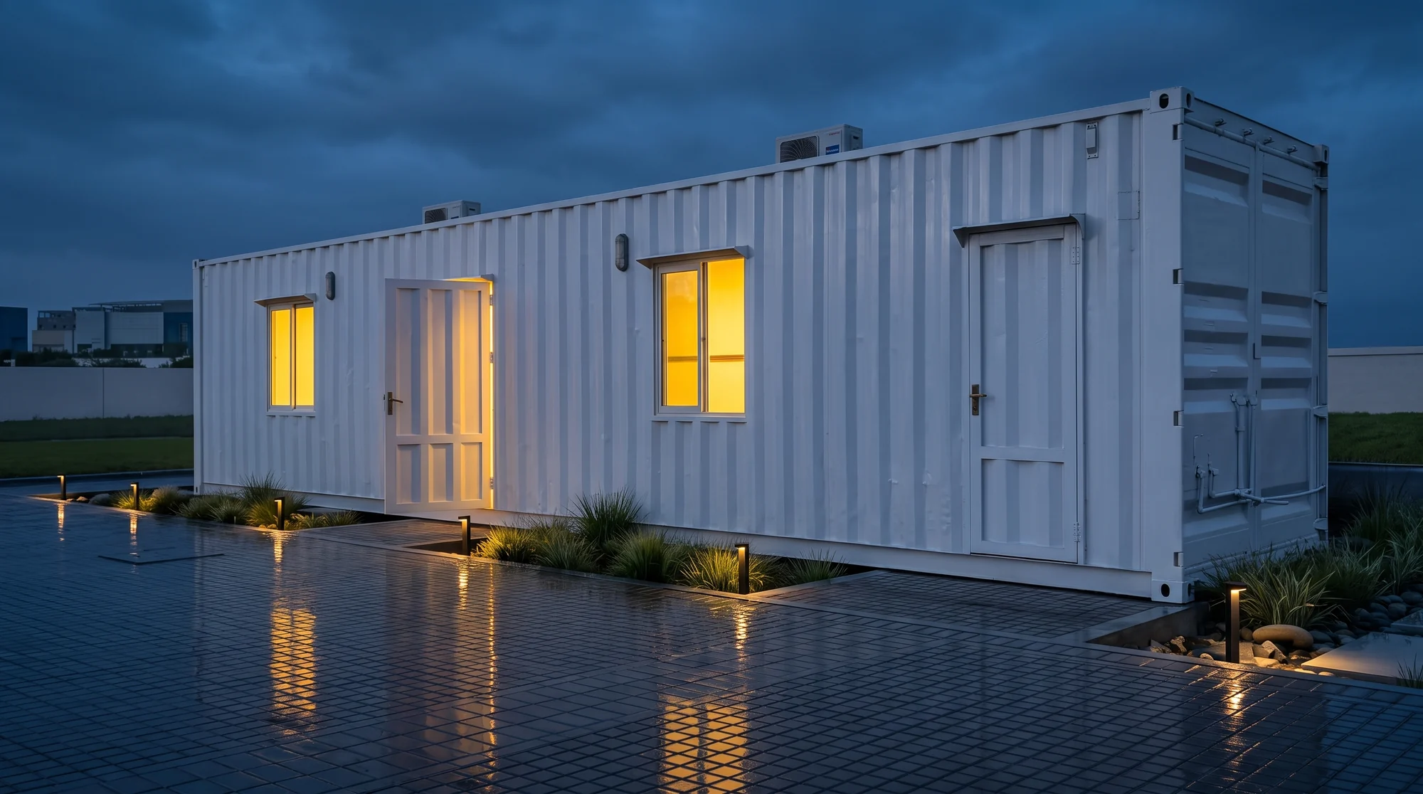 A white 40 ft container office at dusk, windows lit, on wet paving with planting and path lights.